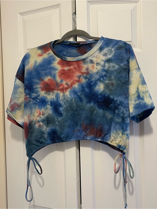 love J Tops - love J Tie-Dye Cropped Drawstring Tee - Blue Red White